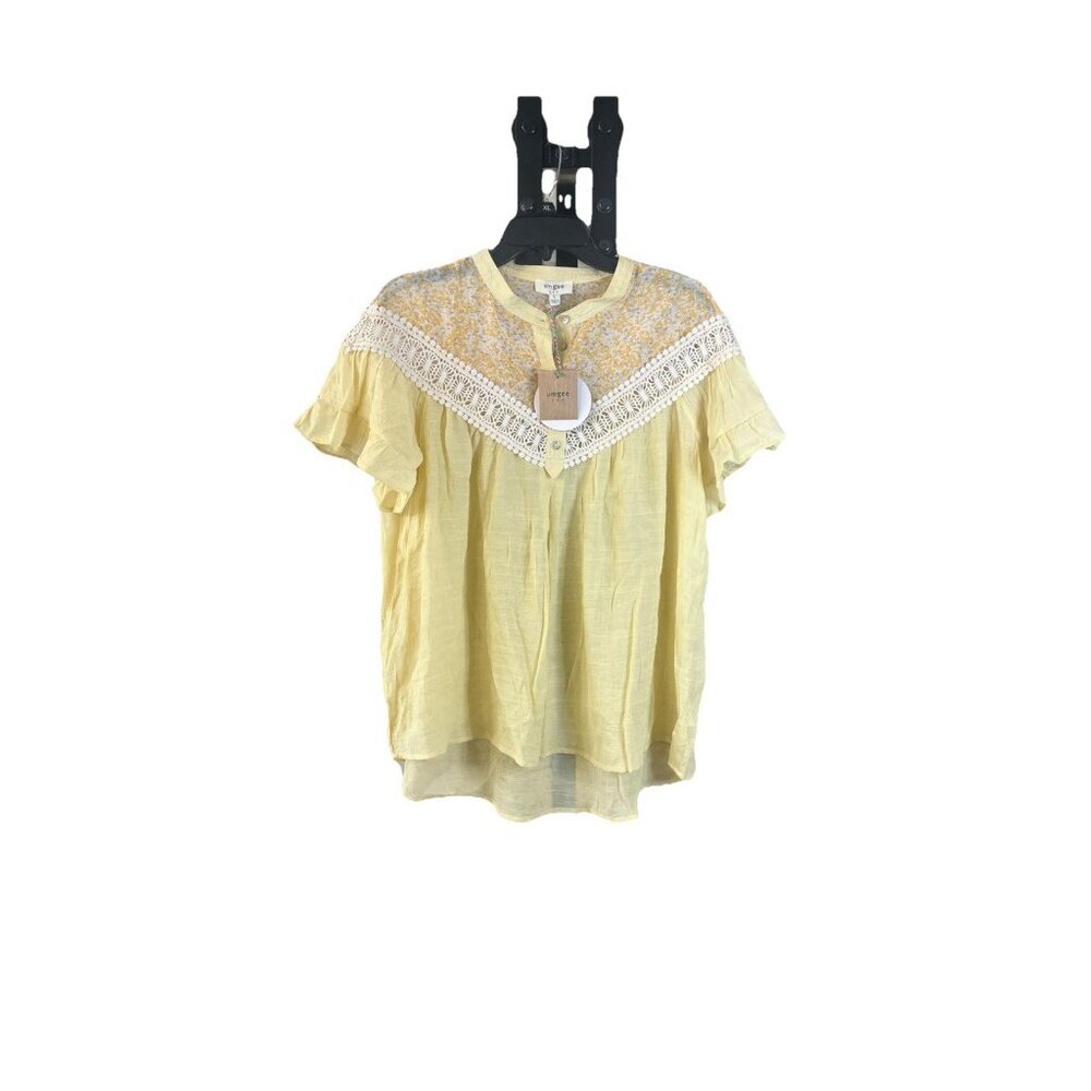 Umgee USA Large Womens Top Shirt Tan Cream Lace 3/4 Sleeves Open Back Festival